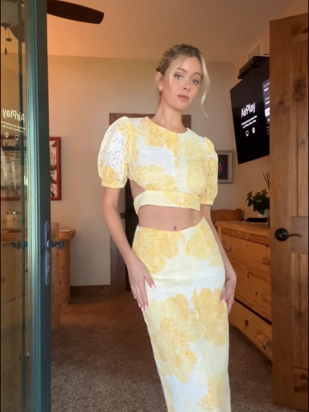 Yellow Floral Eyelet Midi Skirt - Women's